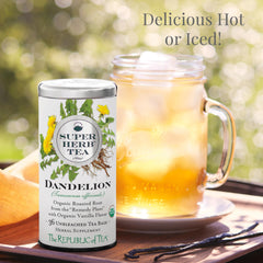 The Republic of Tea dandelion tea cup steeping, releasing earthy, comforting aroma.