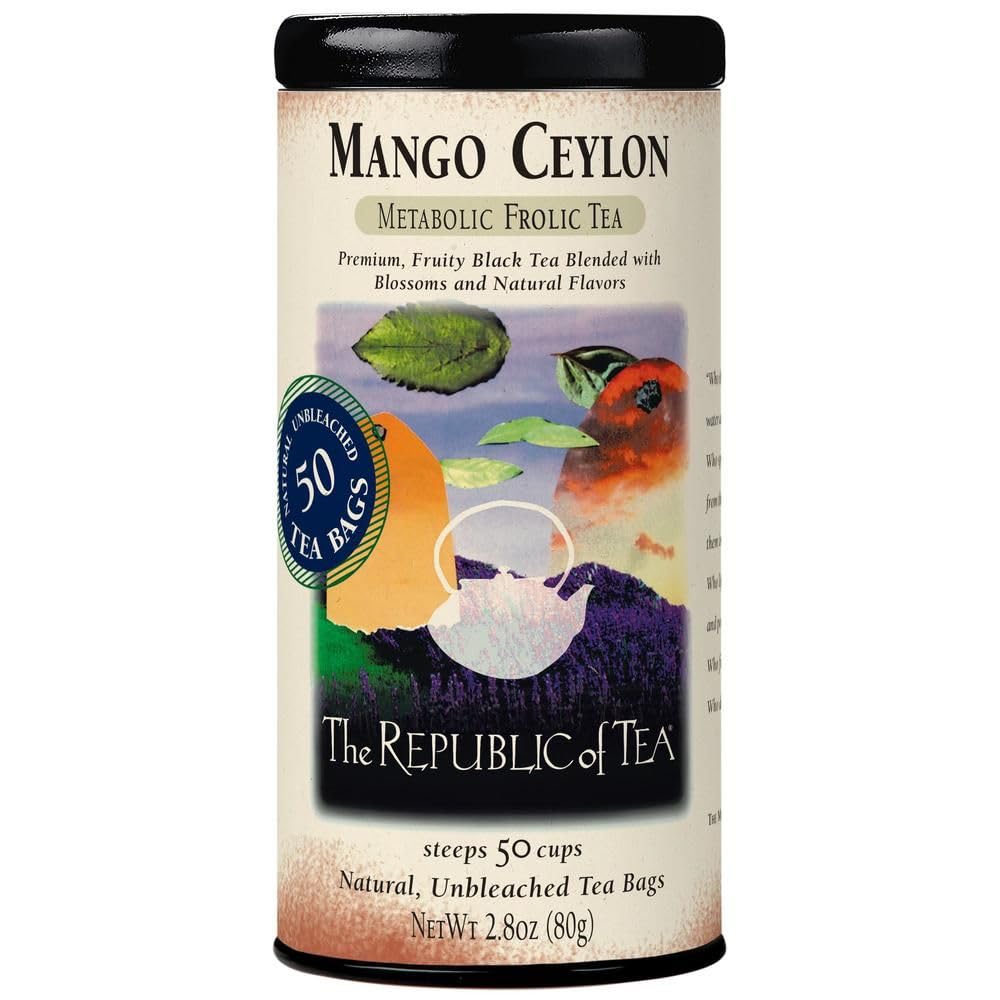 The Republic of Tea Mango Ceylon Black Tea tin front view, fragrant daily ritual.