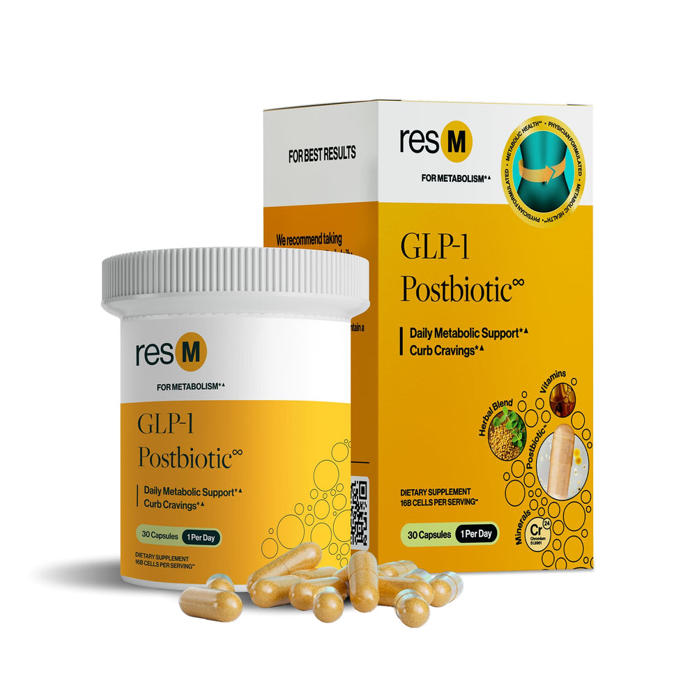 ResBiotic resM GLP-1 Postbiotic bottle for daily metabolic support.