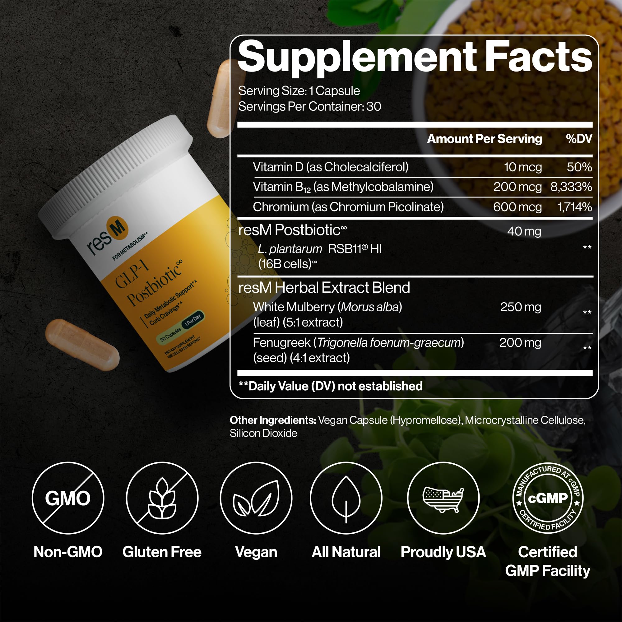 ResBiotic resM GLP-1 Postbiotic capsules shown for daily supplementation.