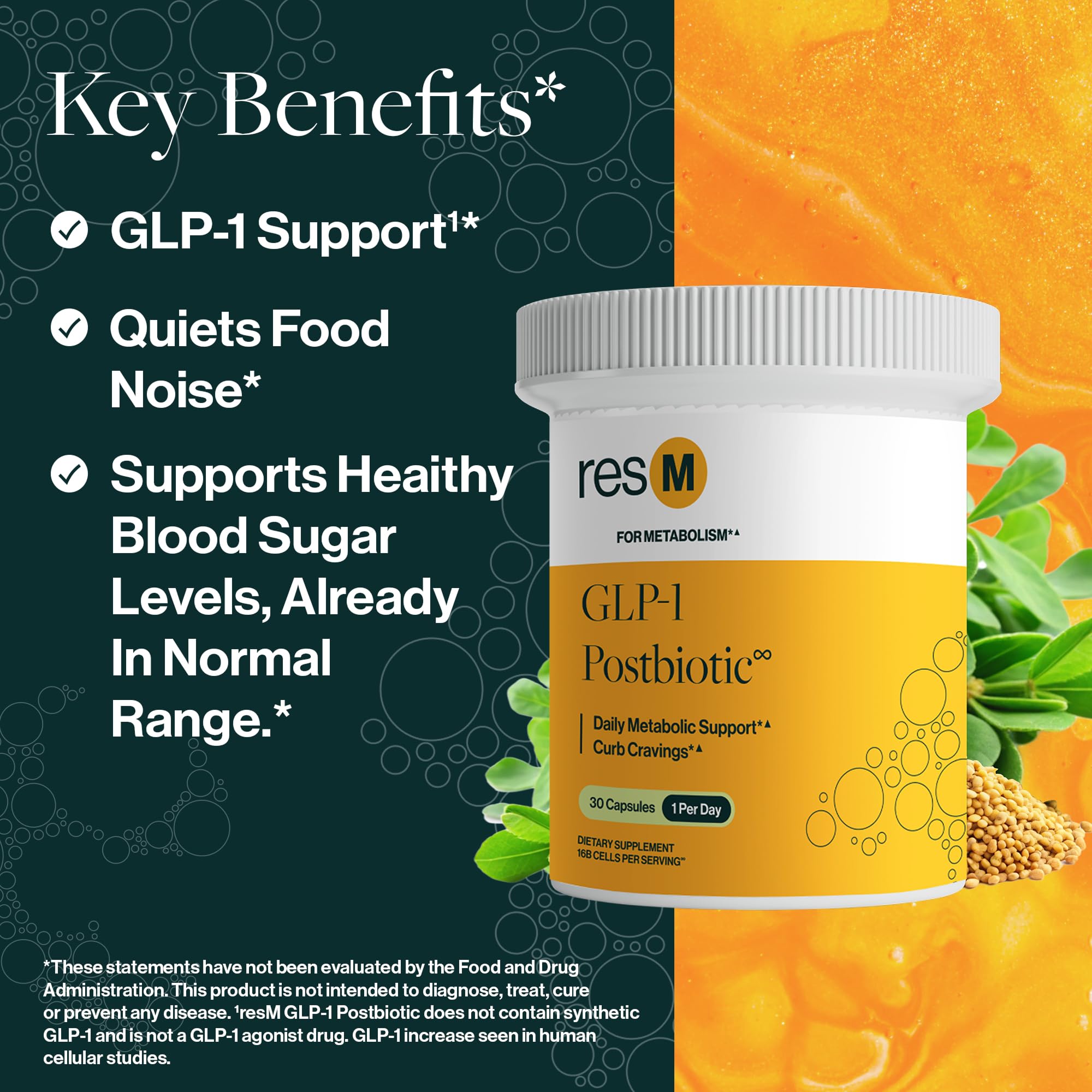 ResBiotic resM GLP-1 Postbiotic ingredients image shows L. plantarum RSB11 HI for gut support.