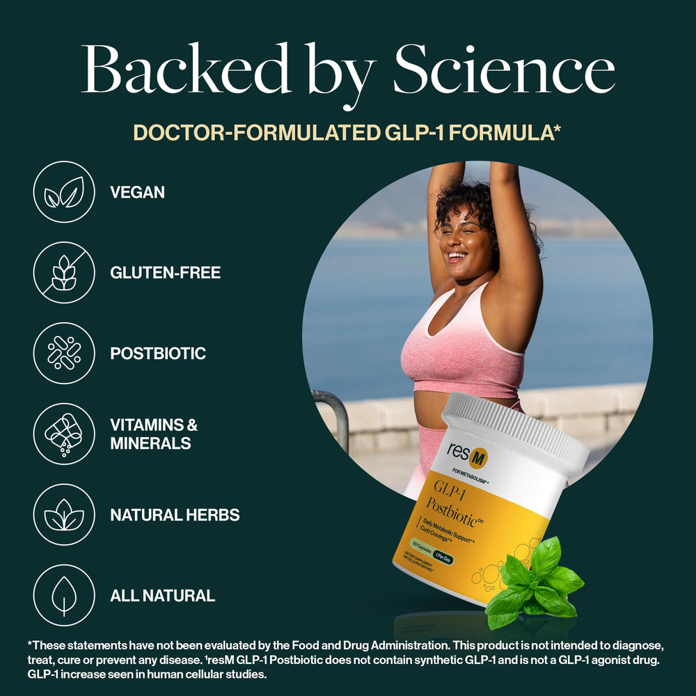 ResBiotic resM GLP-1 Postbiotic vitamins D3 and B12 for energy and immune support.