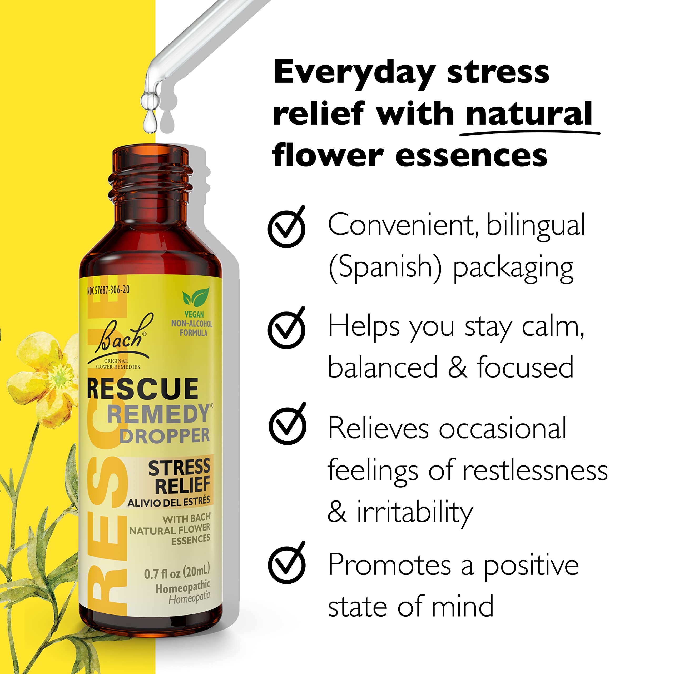 Drops dispense from RESCUE Bach Remedy Dropper for gentle sublingual use.