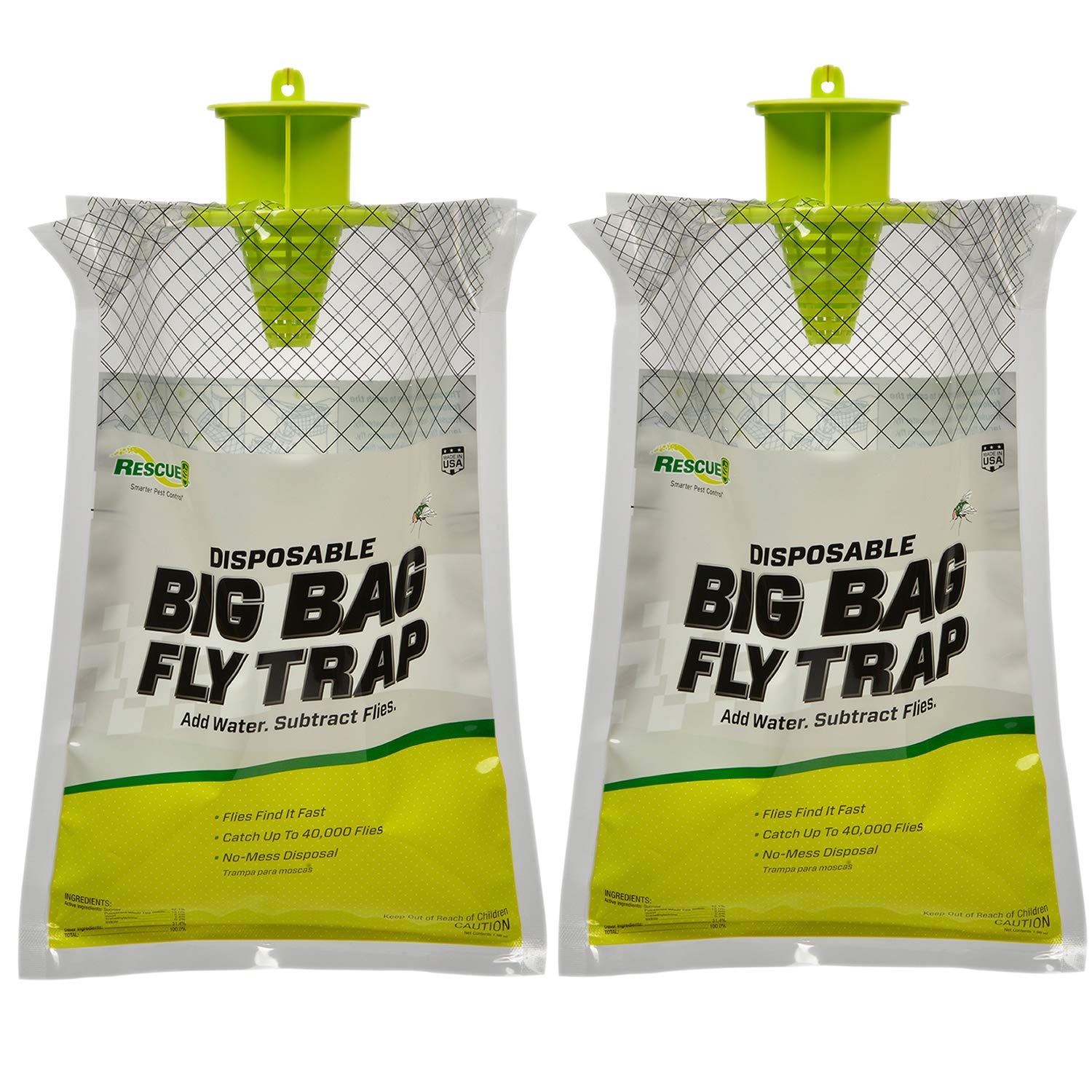 RESCUE! Big Bag Fly Trap outdoors attracts flies with bait for quick control.