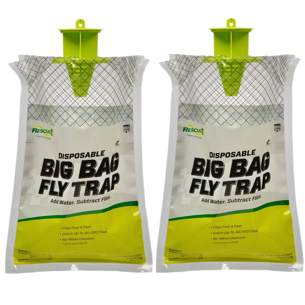 RESCUE! Big Bag Fly Trap outdoors attracts flies with bait for quick control.