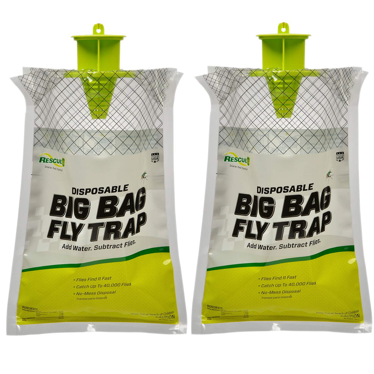 RESCUE! Big Bag Fly Trap outdoors attracts flies with bait for quick control.