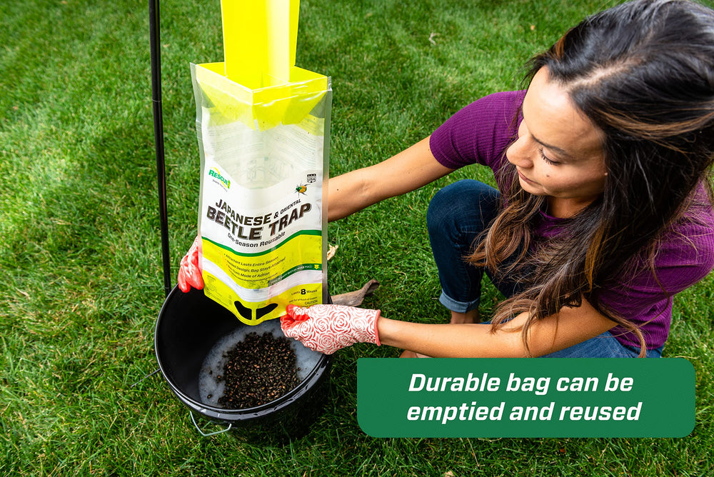 RESCUE! Japanese Beetle Trap has an easy-lock bottom for quick bag emptying and reuse.