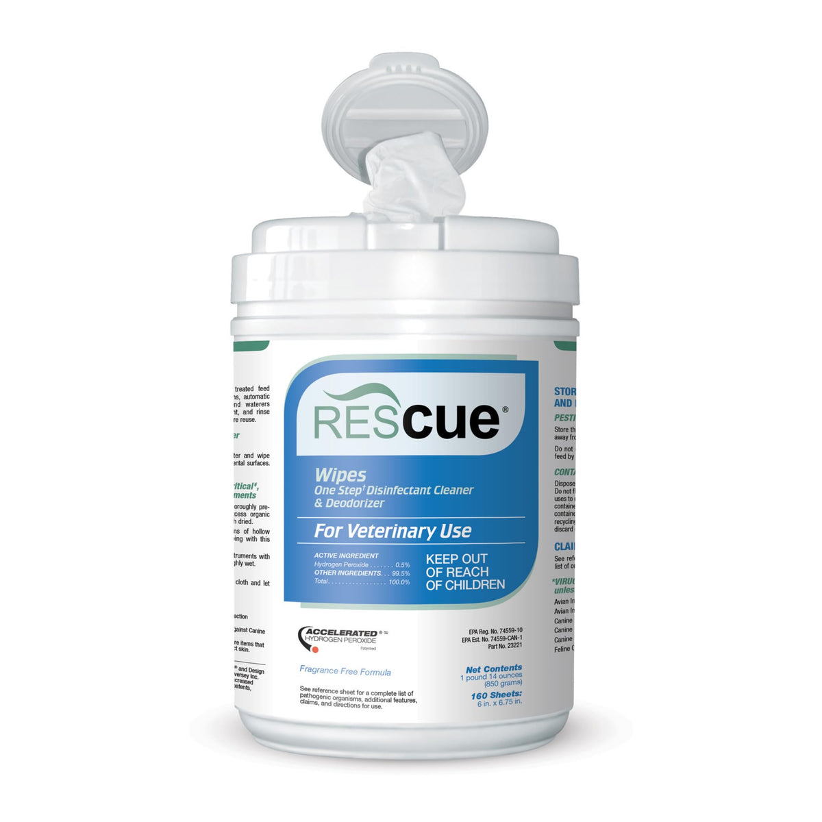 REScue One-Step Disinfectant Wipes for kennels; fast, odor-free surface disinfection.