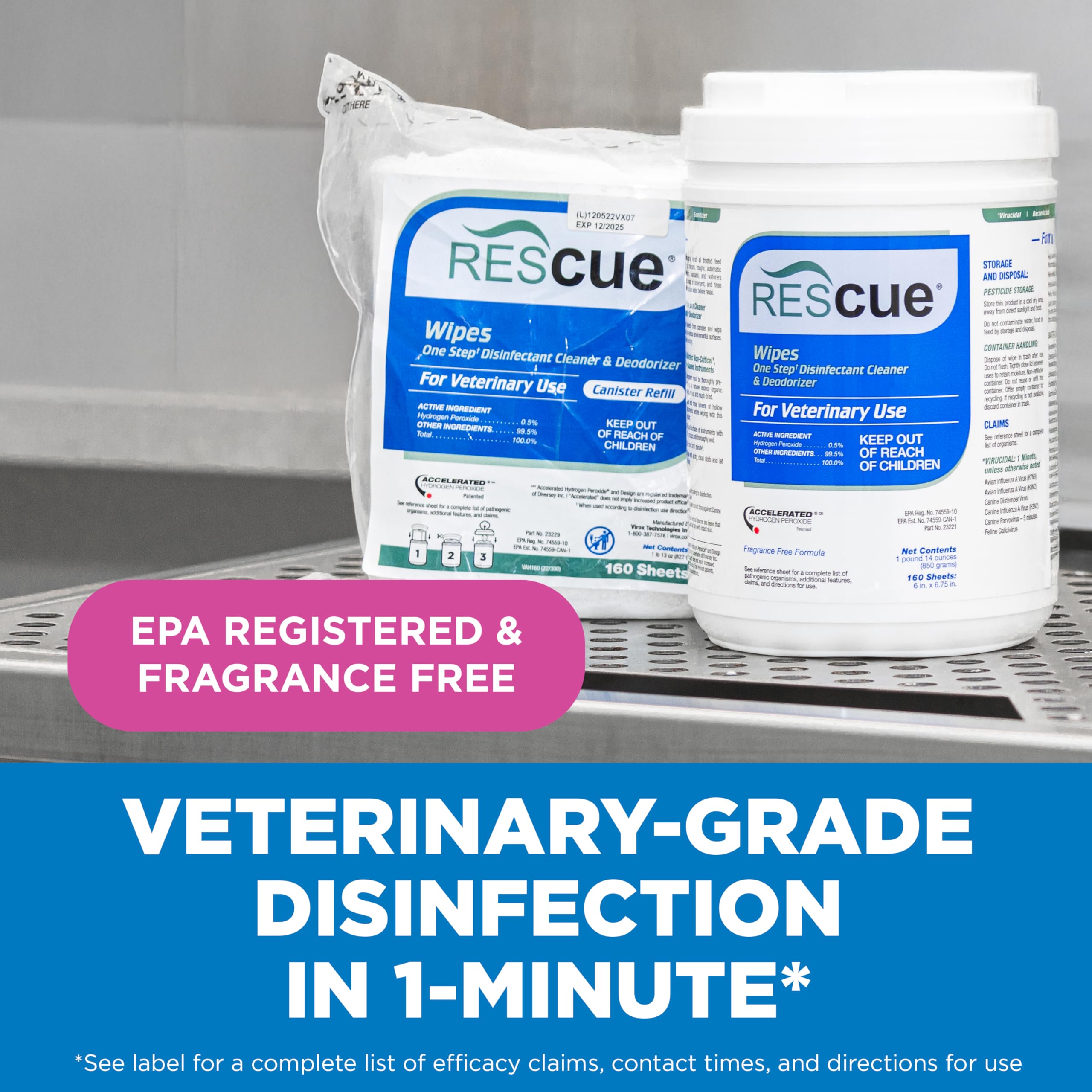 REScue One-Step Disinfectant Wipes for litter boxes; quick, safe cleaning of waste areas.