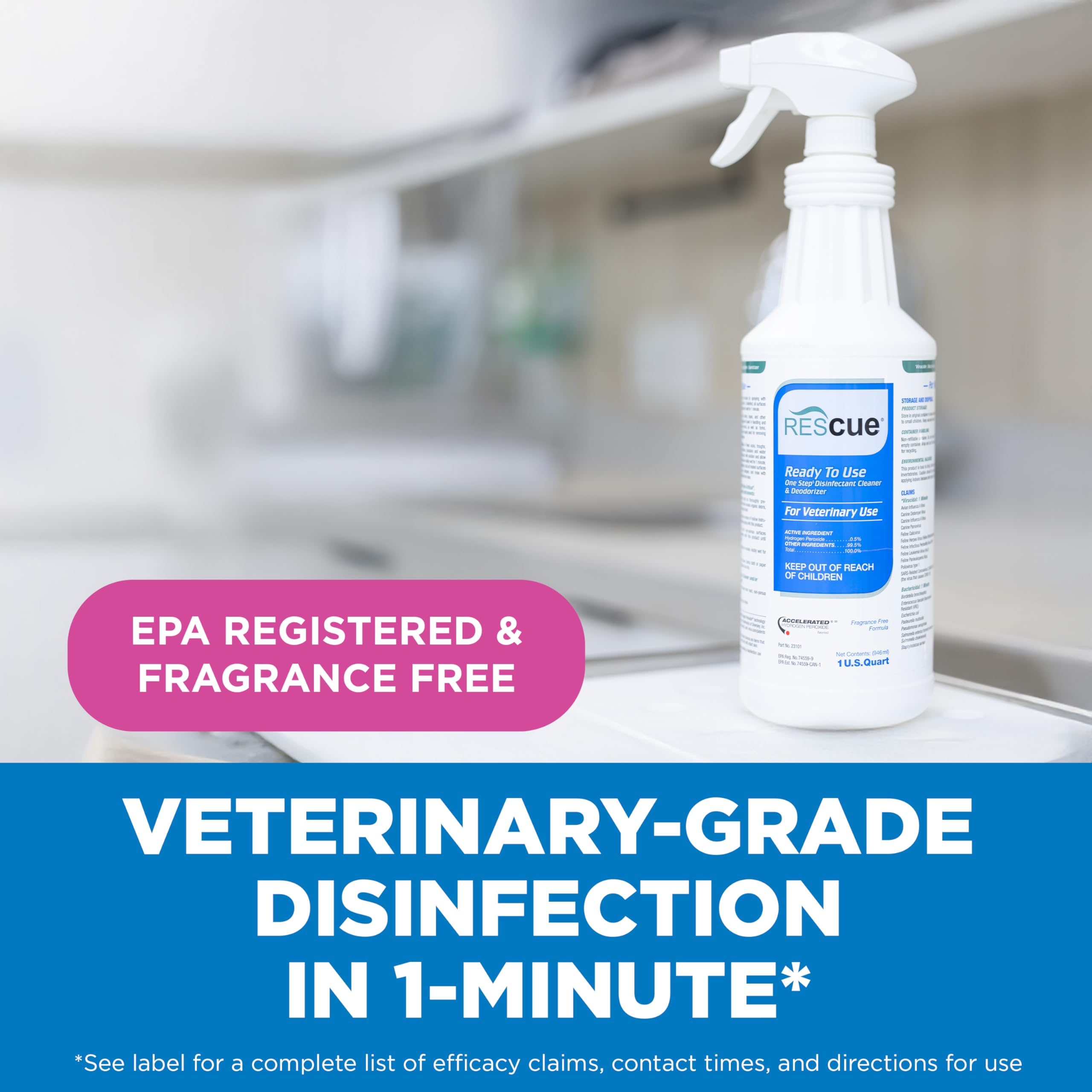 REScue One-Step spray action on countertops — quick surface disinfection in clinics
