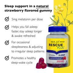 RESCUE PLUS sleep gummies on a dish suggest easy nightly dosing and convenience