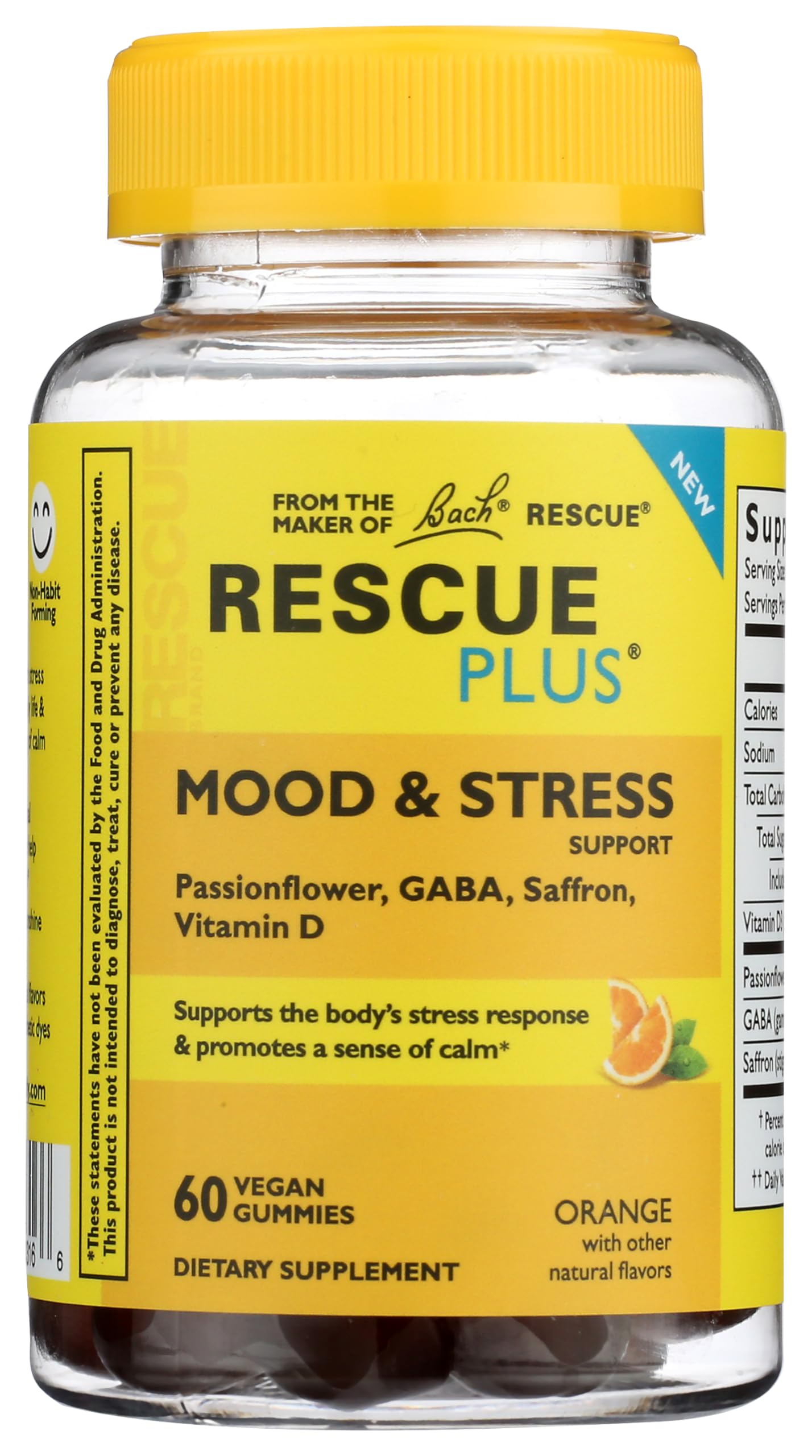 RESCUE Plus Mood Gummies bottle front shows orange flavor for daily mood support.