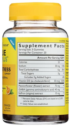 RESCUE Plus Mood Gummies dosage close-up illustrates adult use guidance.
