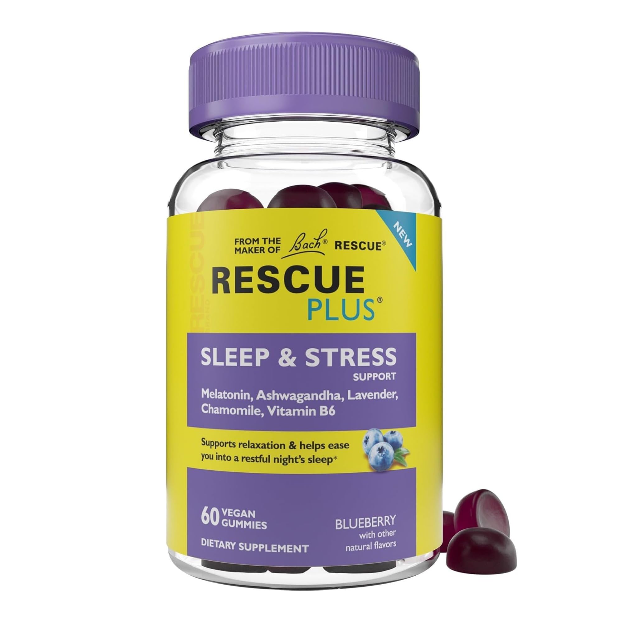 RESCUE PLUS sleep gummies bottle close-up for nighttime support