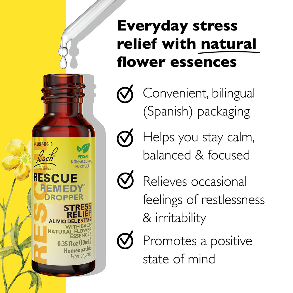 RESCUE Remedy drops on tongue for gentle relief.