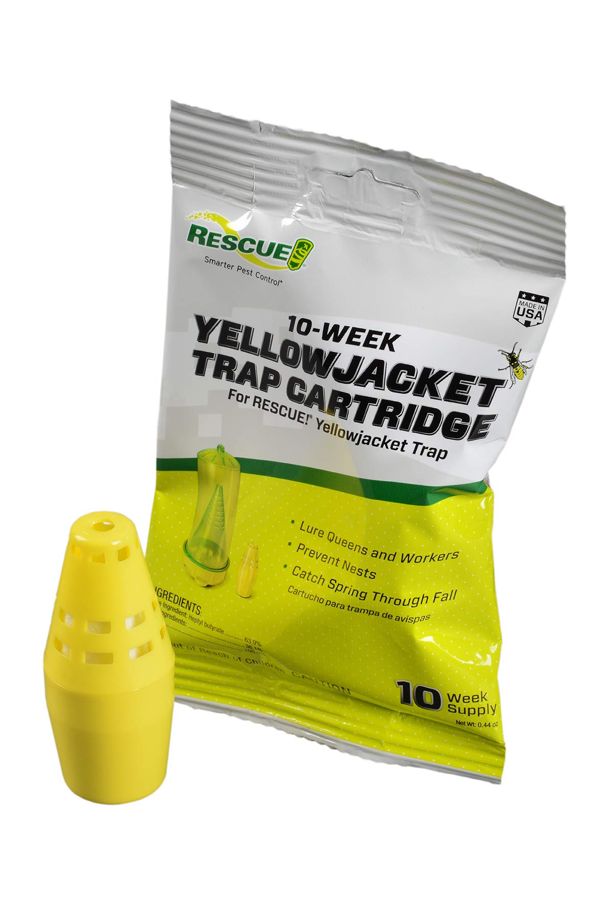 RESCUE! trap with preloaded attractant cartridge shows mess-free setup.
