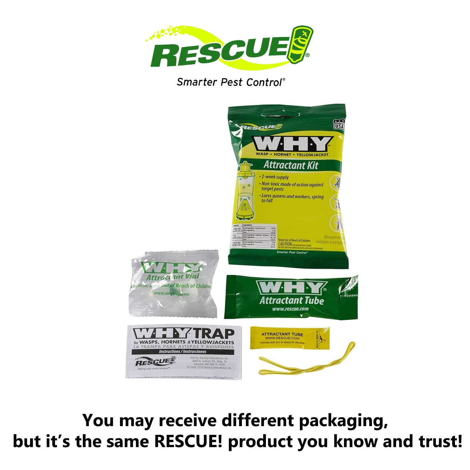 RESCUE! Why Trap refill USA-made packaging highlights home-safe pest solutions.