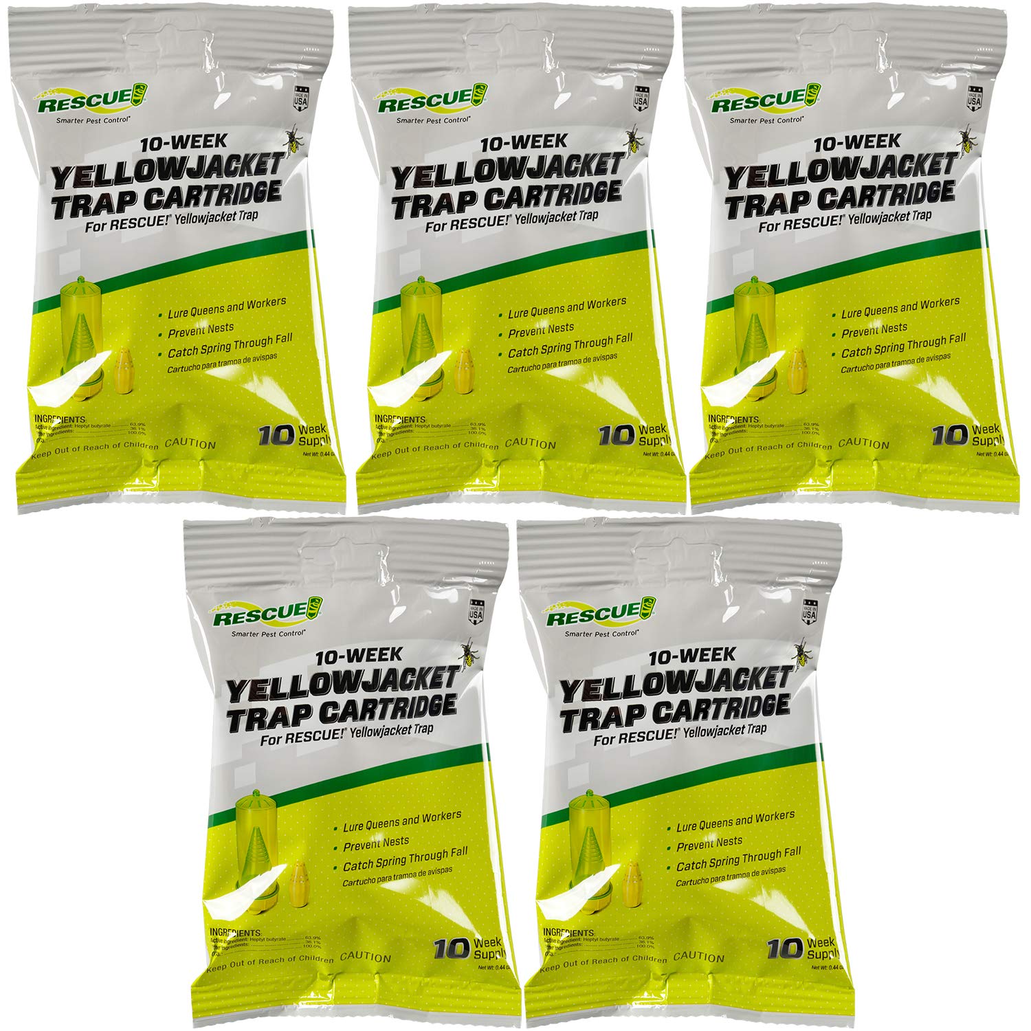 RESCUE! yellowjacket attractant cartridge inside a reusable trap offering 10 weeks of attraction.