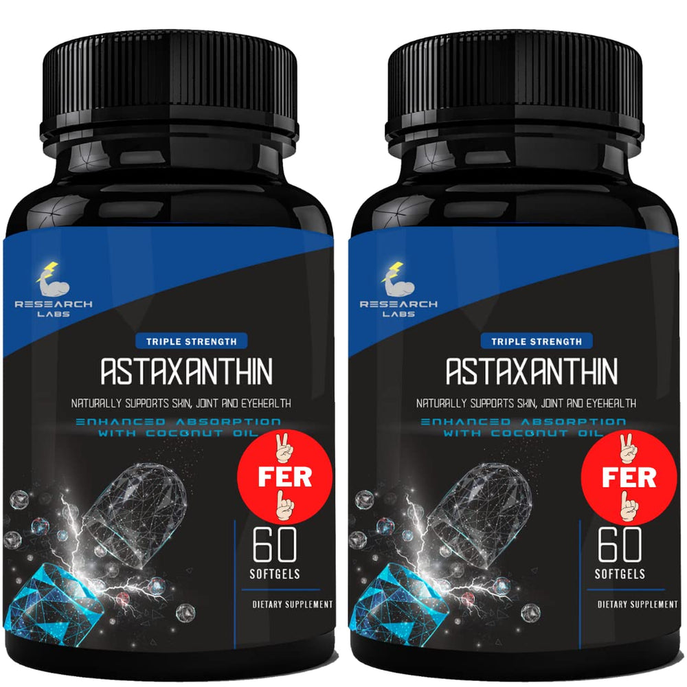 Research Labs astaxanthin softgels bottle with 12 mg potency for daily antioxidant support