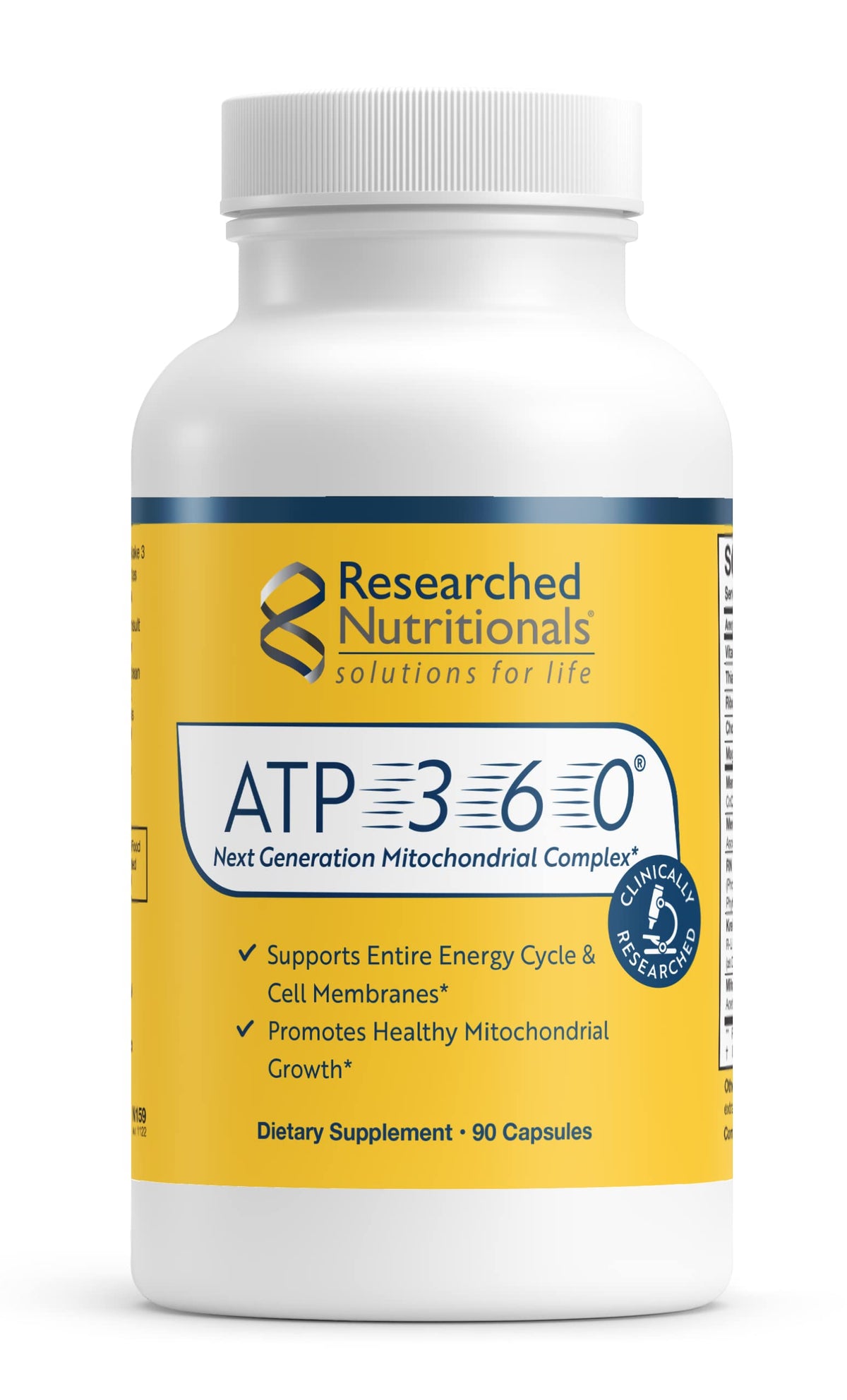 Researched Nutritionals ATP 360 bottle close-up for reliable mitochondrial support and daily energy