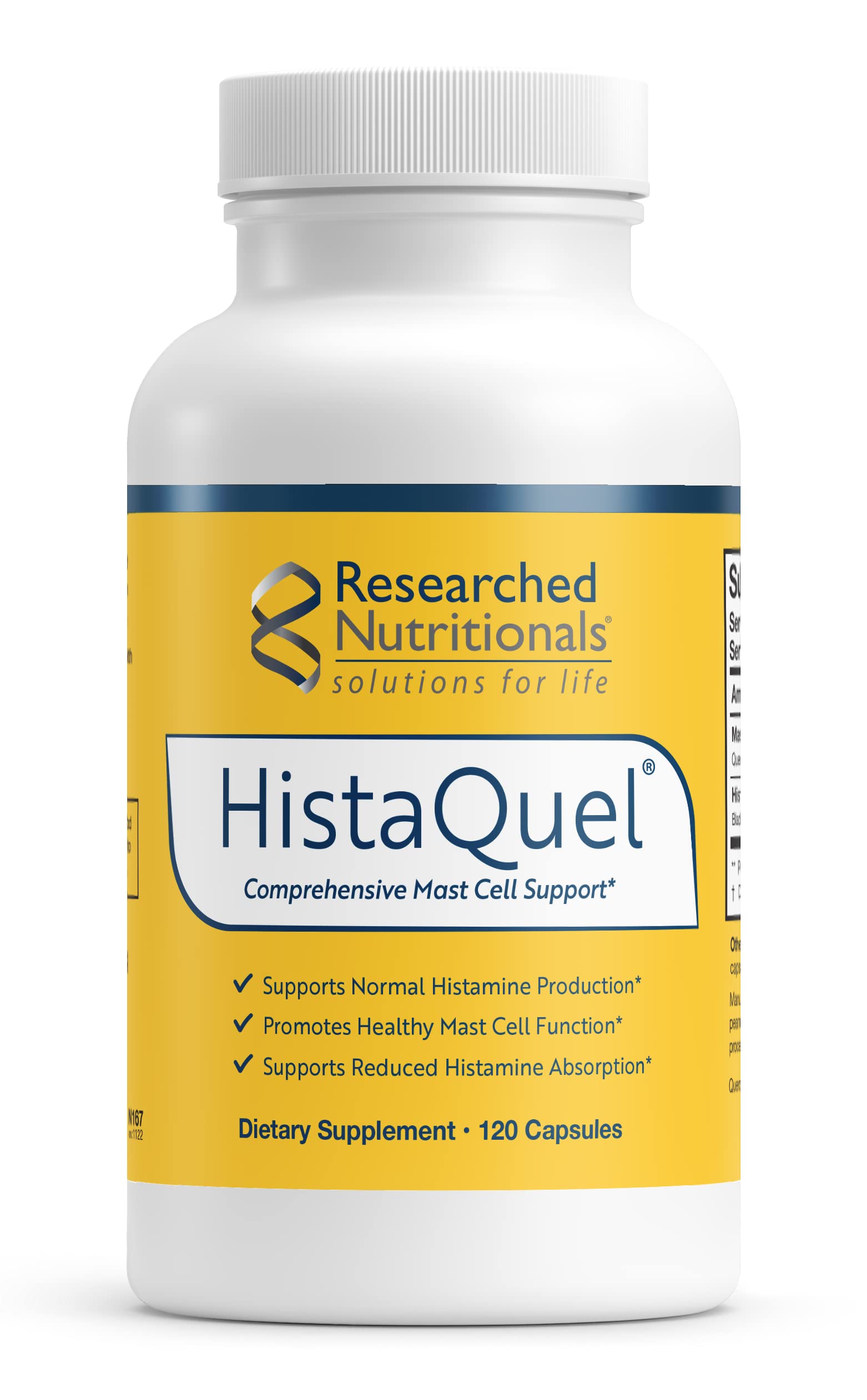 Researched Nutritionals HistaQuel bottle front showing dual-action histamine support