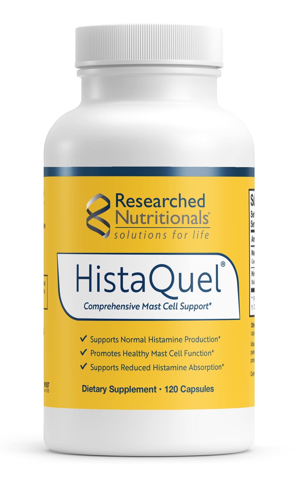 Researched Nutritionals HistaQuel bottle front showing dual-action histamine support