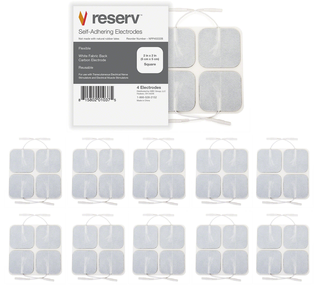 Reserv 2x2-inch electrode pad with adhesive gel for secure, reusable adhesion.