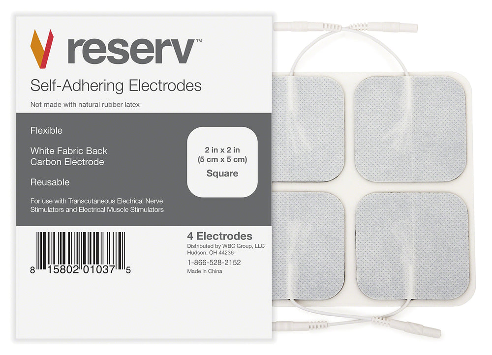 Reserv 2x2-inch electrode pads gel closeup showing reusable adhesive