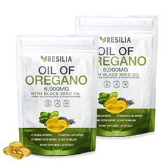 Resilia Oil of Oregano softgels bottle front showcases the product and branding.