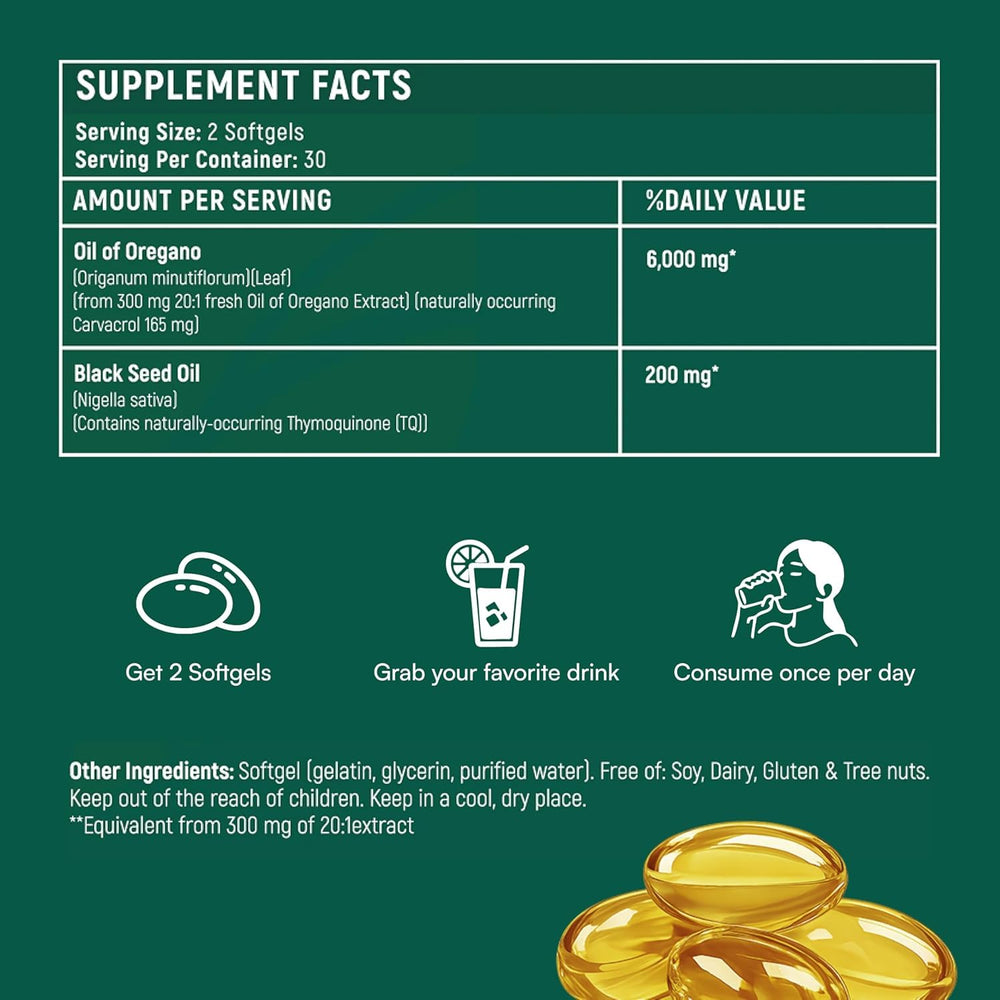 Resilia Oil Of Oregano softgels capsules closeup highlighting easy-to-swallow form.