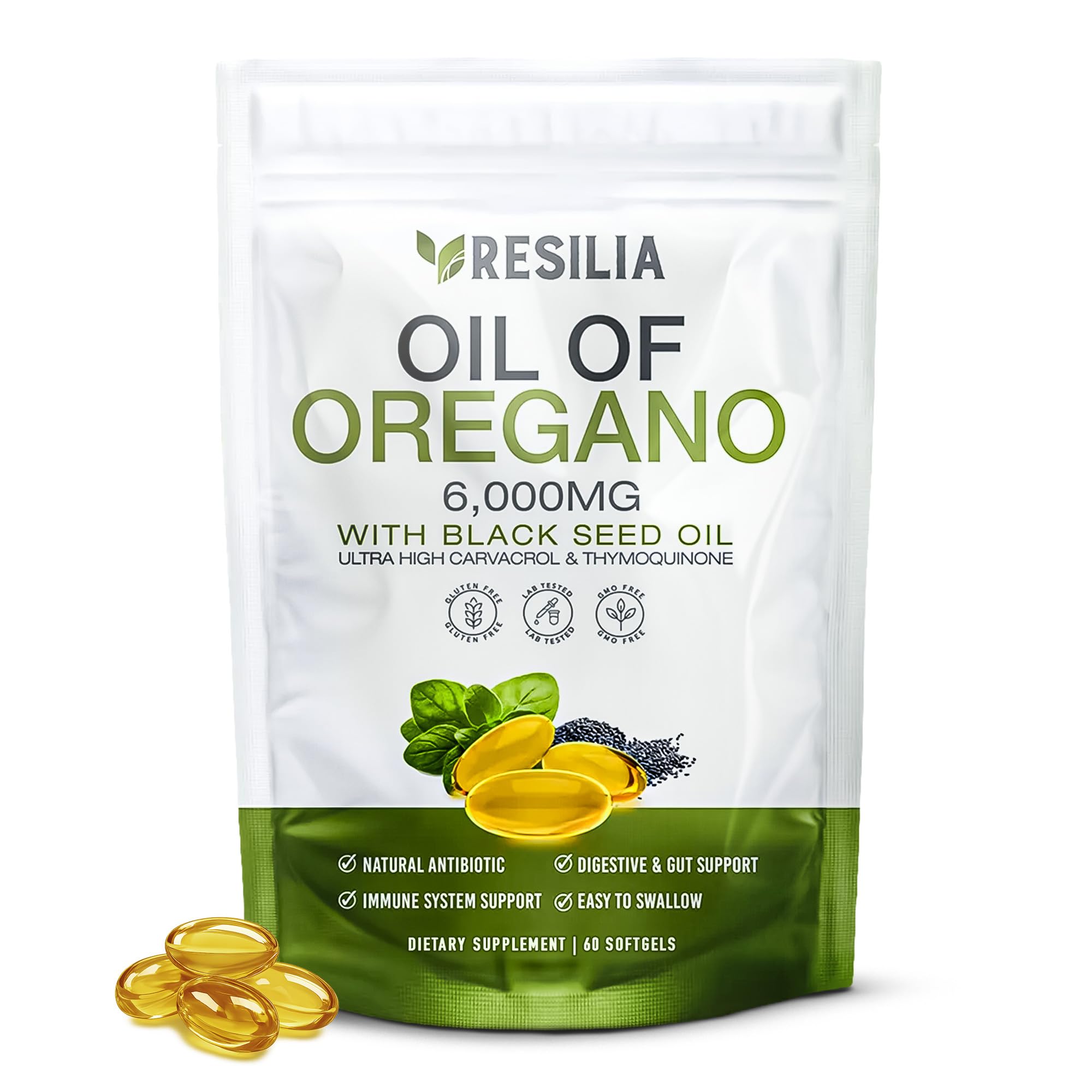 Resilia oregano oil softgel bottle for convenient daily use.