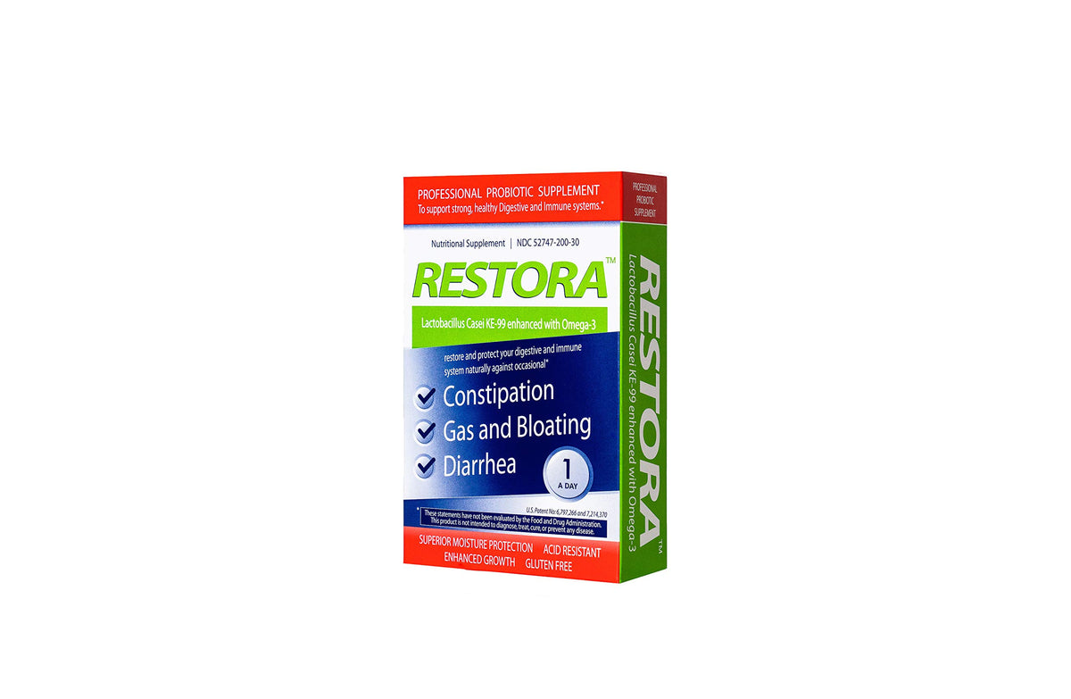 Restora Probiotic Supplement bottle for daily gut health.