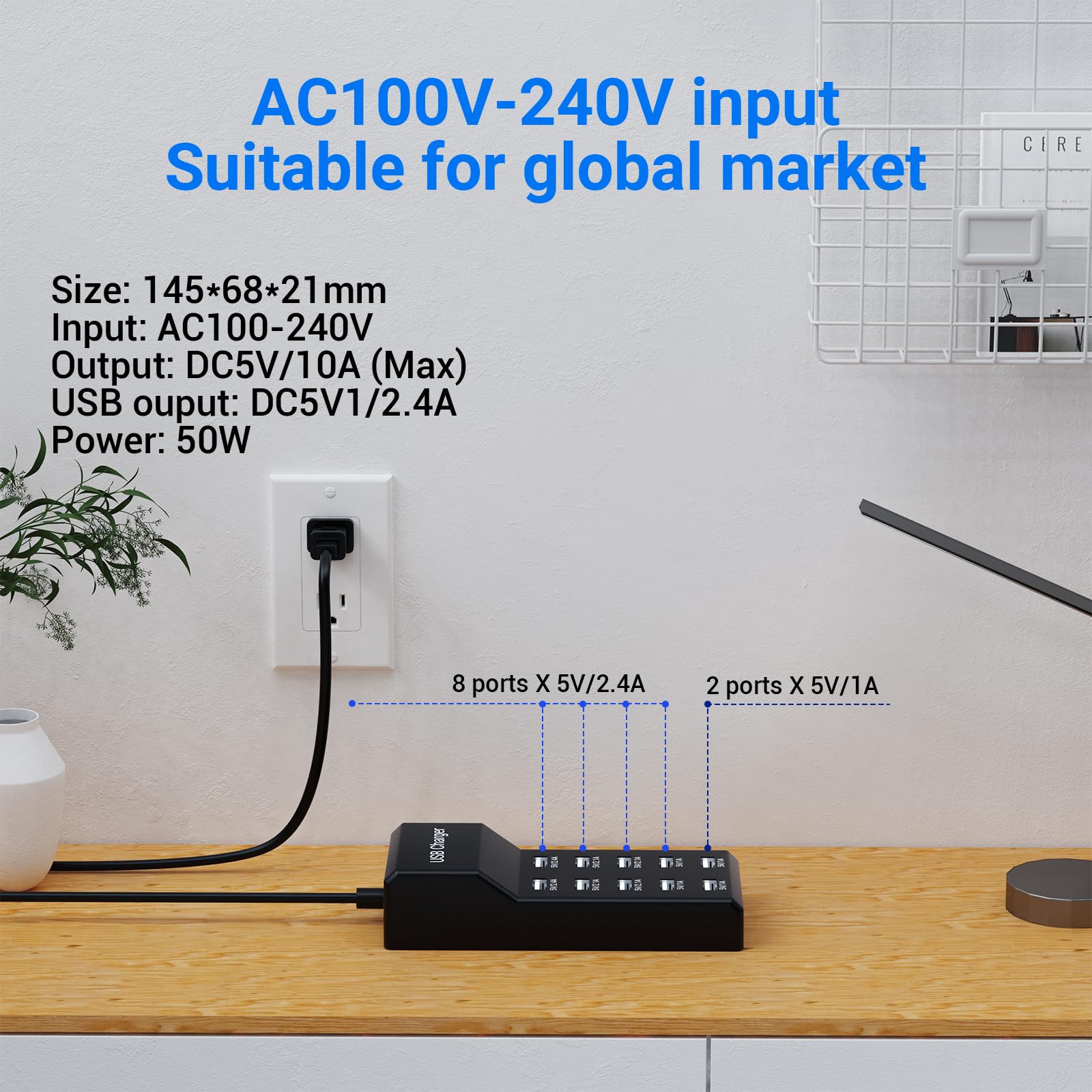 Resypey 10-Port USB Charger Station on a desk for clutter-free setup