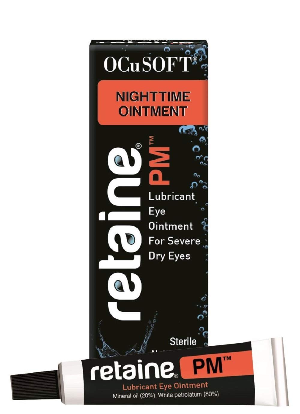 Retaine PM Nighttime Eye Ointment pack, suggesting overnight relief for dry eye comfort.