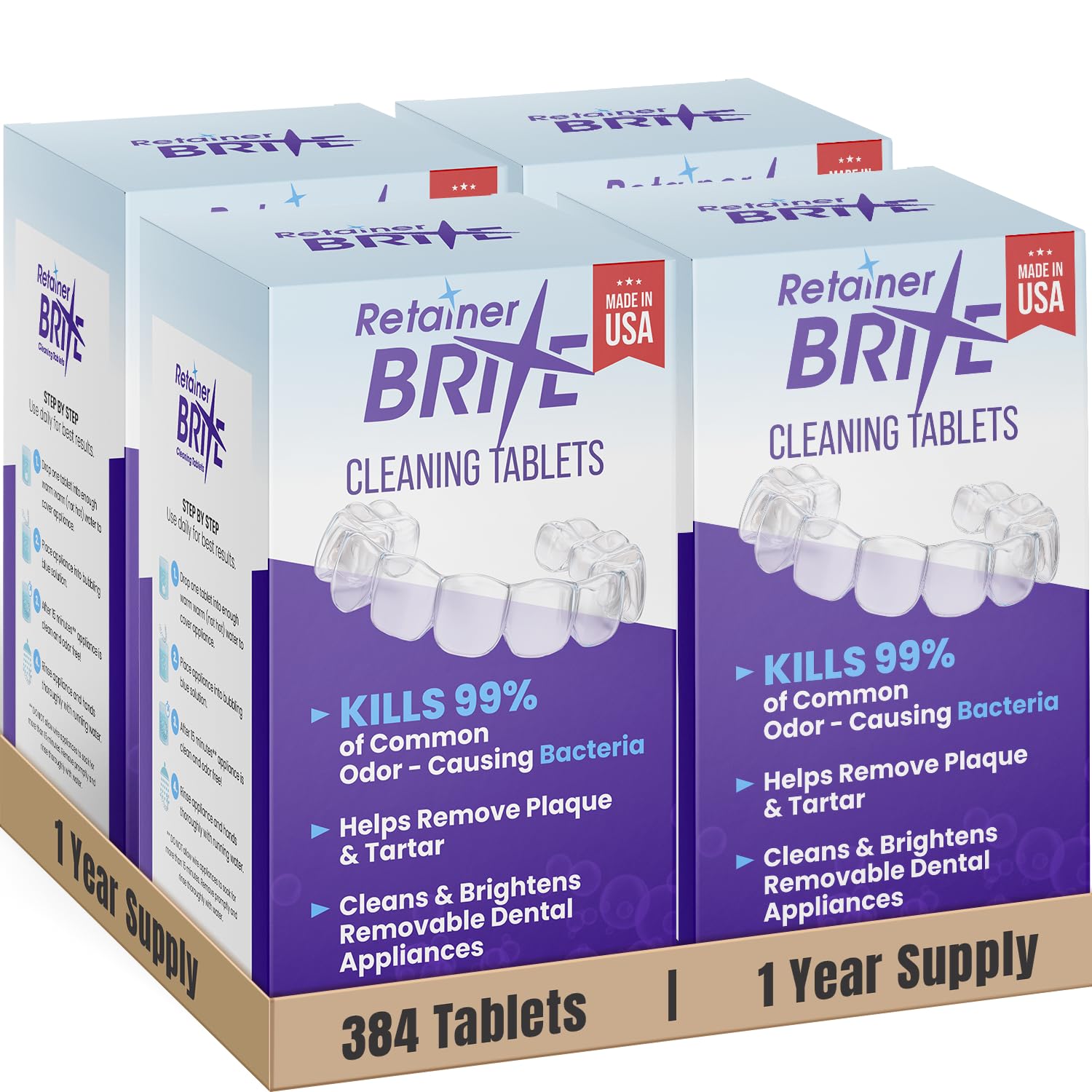 Retainer Brite 384 tablets packaging for a year-long supply
