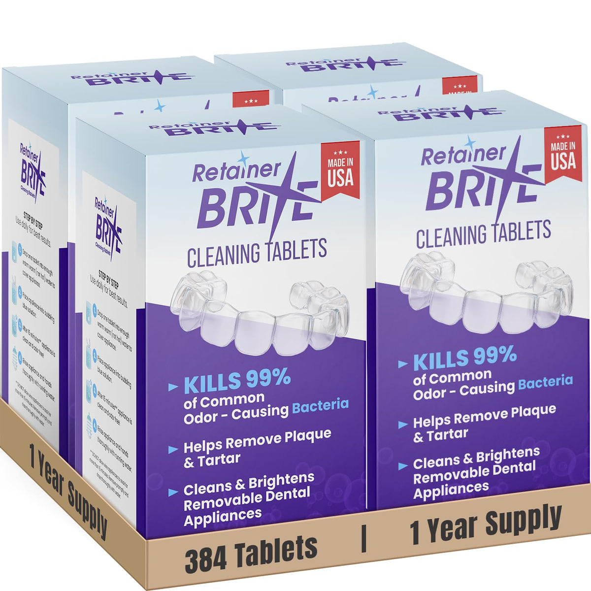 Retainer Brite 384 tablets packaging for a year-long supply