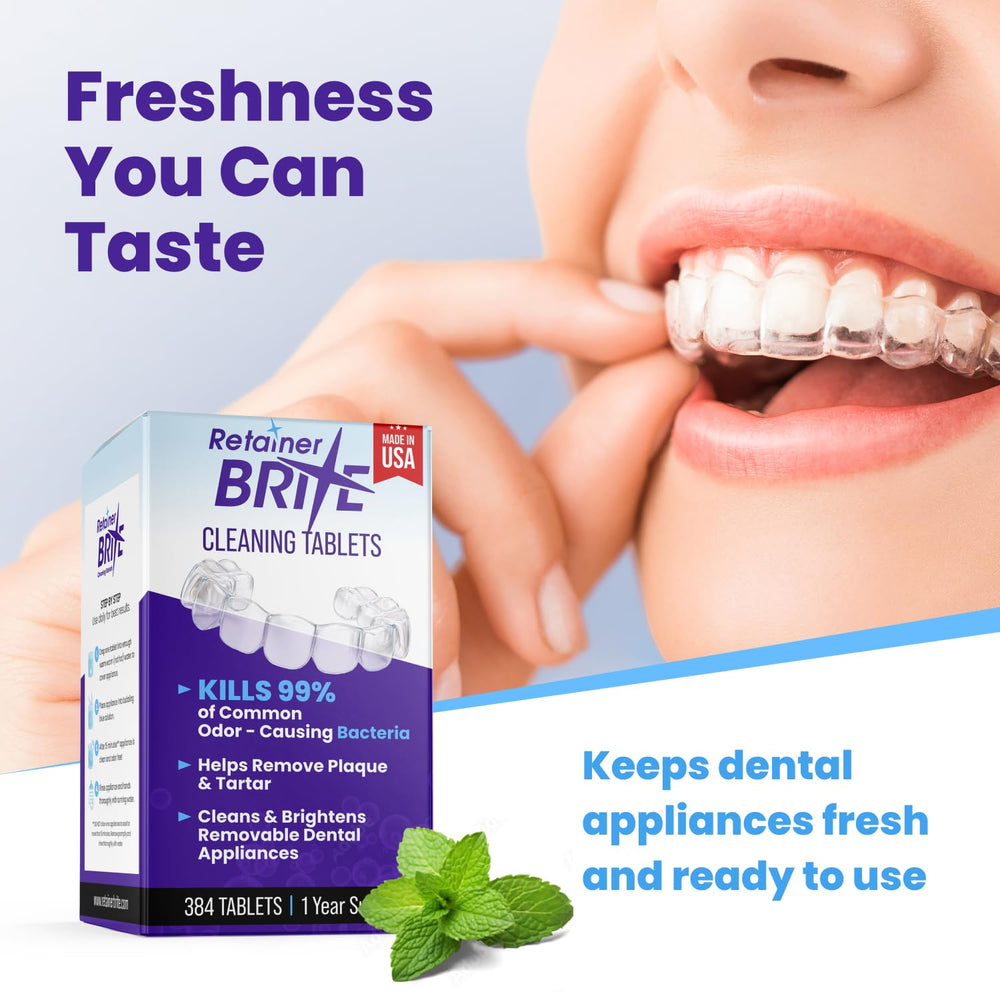 Box showing a one-year supply of Retainer Brite tablets