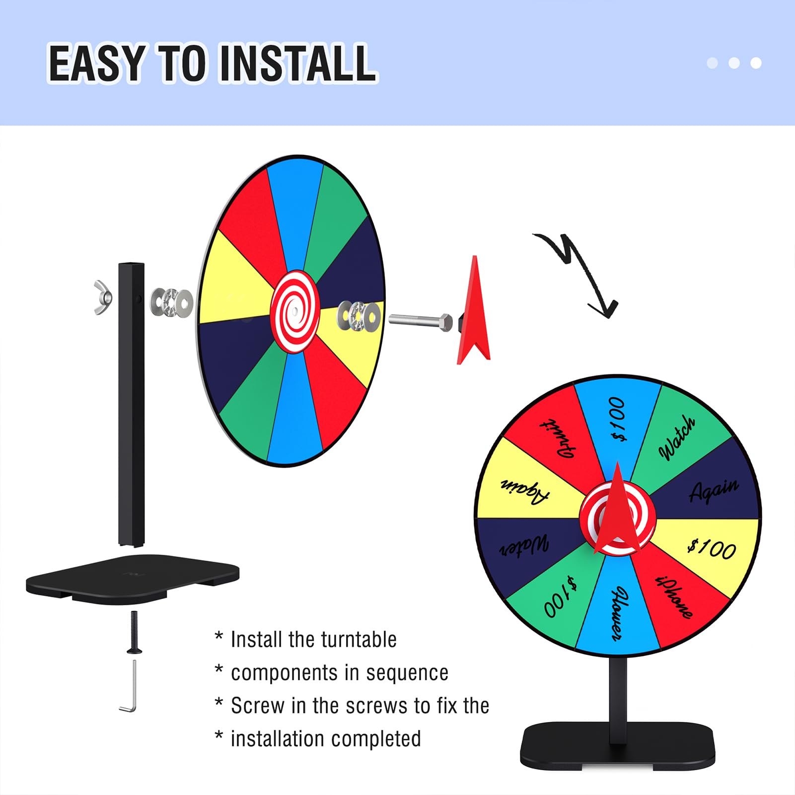 Retbtnm 10-slot prize wheel offers ten options in one spin.
