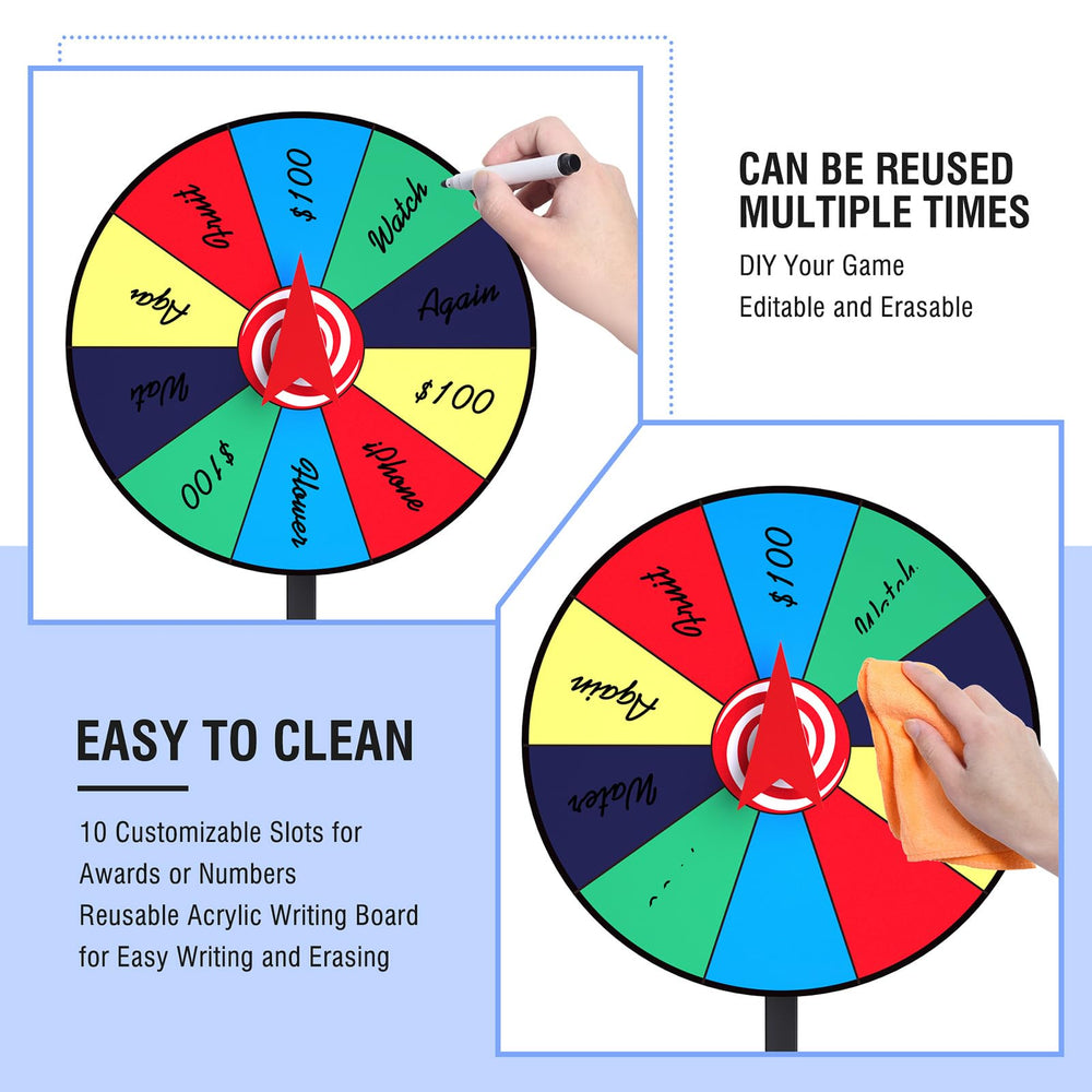 Retbtnm prize wheel surface accepts dry erase marker for quick edits.