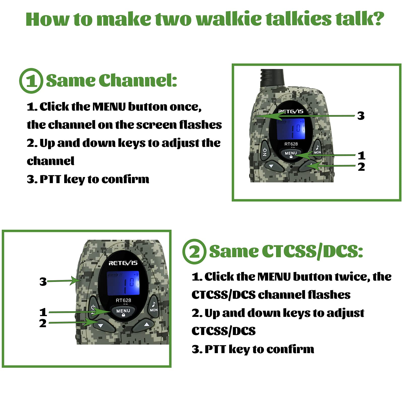 Retevis RT628 camo walkie talkie LCD display in use at dusk