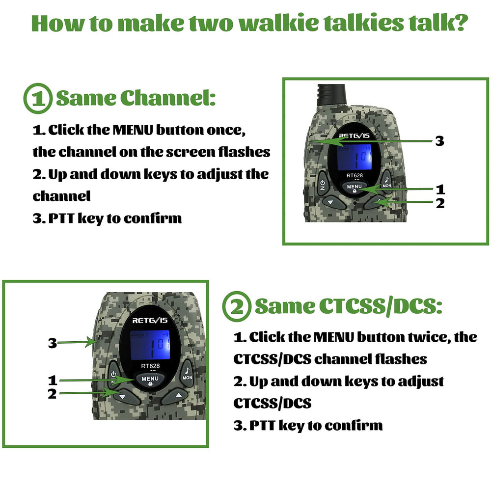 Retevis RT628 camo walkie talkie LCD display in use at dusk