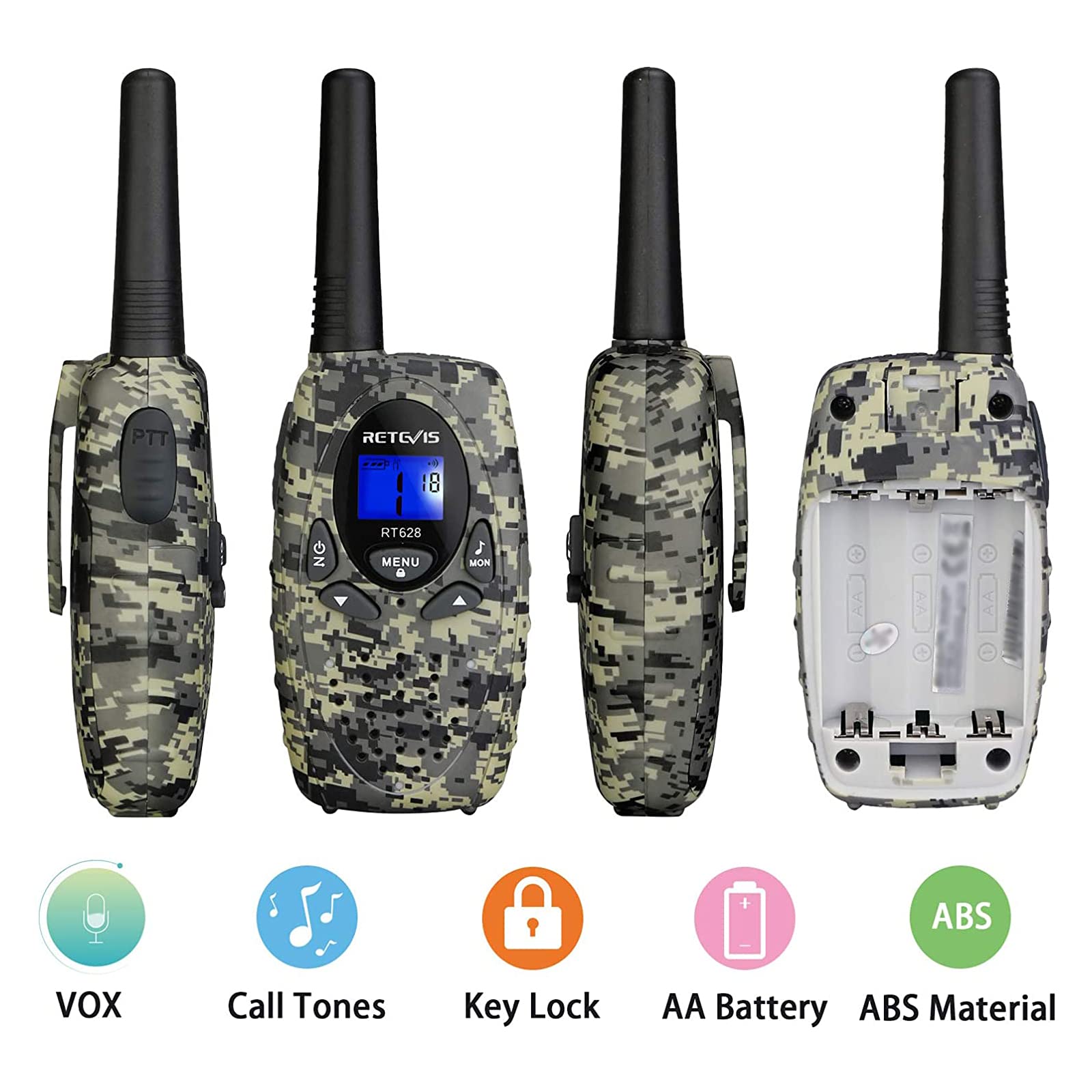 Retevis RT628 camo walkie talkie back view showing rugged build