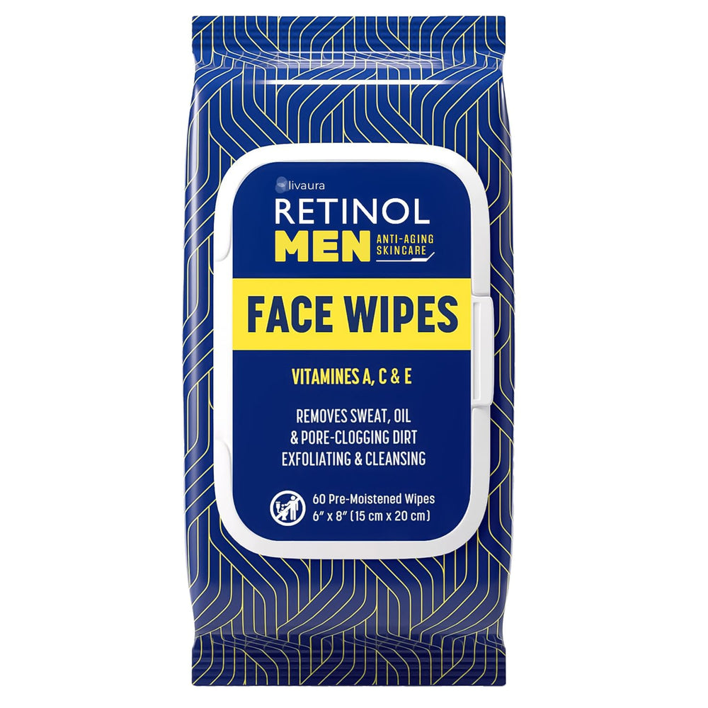 Retinol LIVAURA men's wipes pack front for on-the-go cleansing