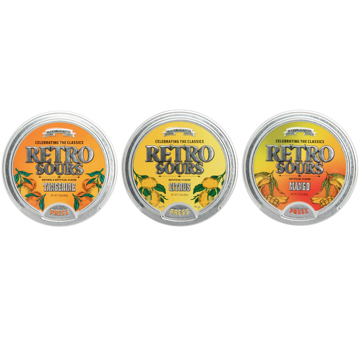 Retro Sours tin front displays bold branding, a nostalgic treat ideal for sharing.