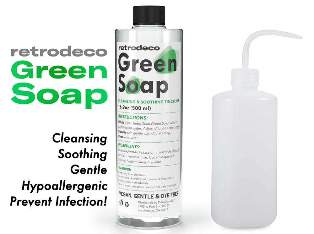 RetroDeco Green Soap dilution guide demonstrates scalable cleansing suitable for large batches.