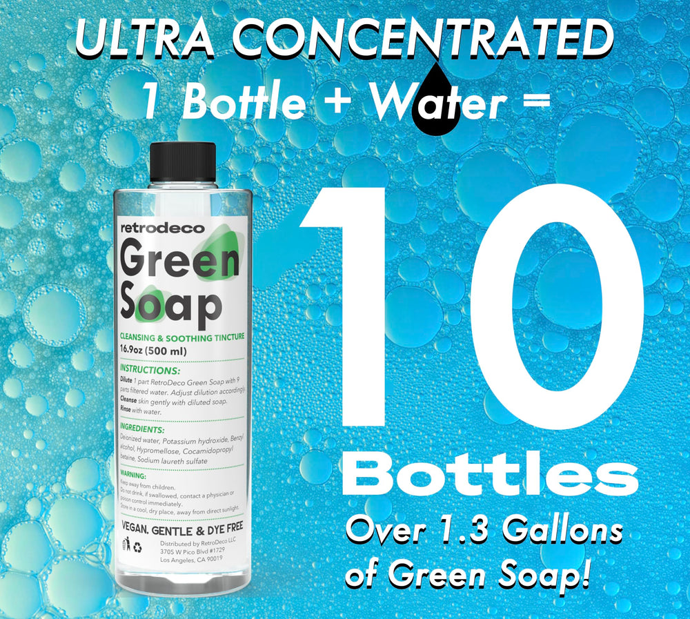 RetroDeco Green Soap vegan formula emphasizes natural ingredients for cleansing.
