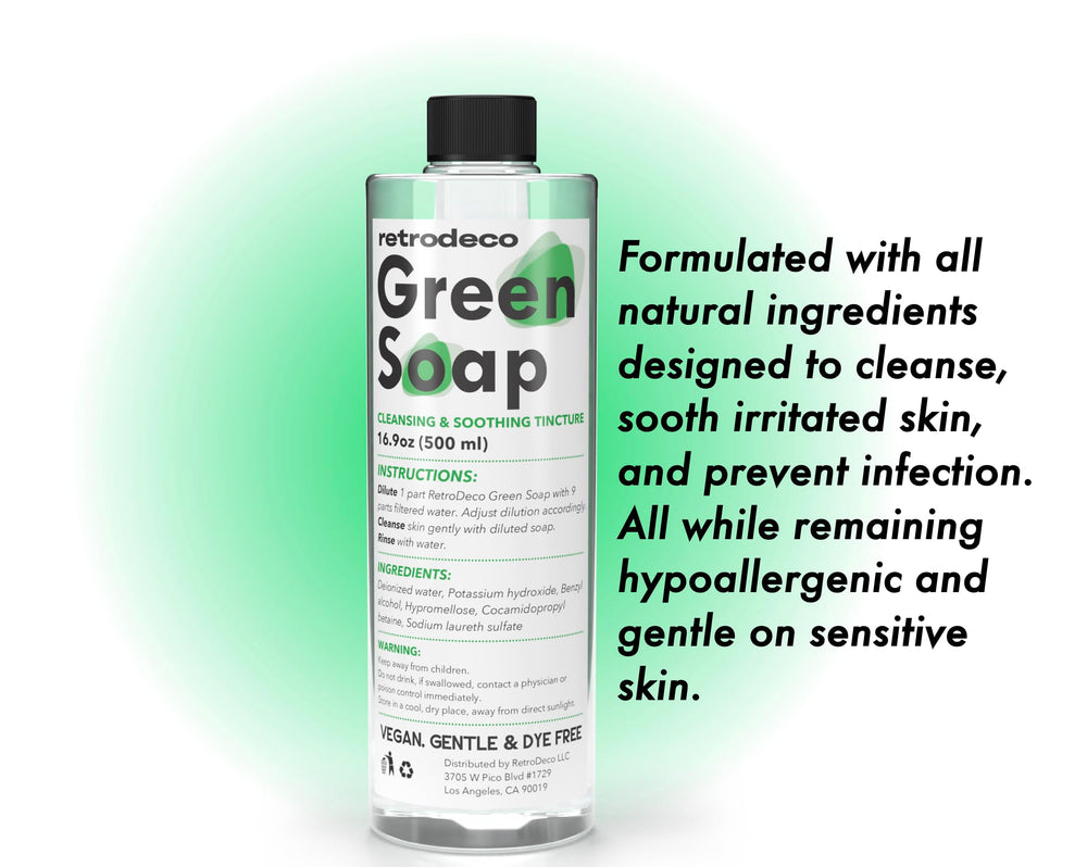 RetroDeco Green Soap used in piercing care keeps sensitive skin clean.