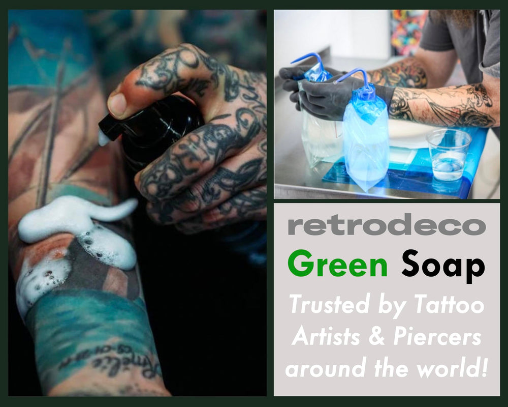 RetroDeco Green Soap supports gentle removal of dried residues from skin.