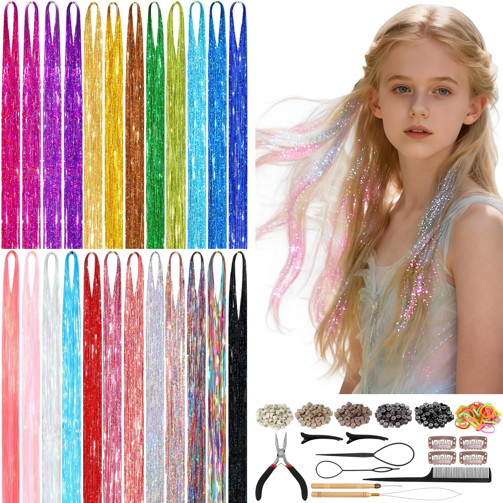 Revahope 8400 strands hair tinsel kit color palette for versatile daily looks.