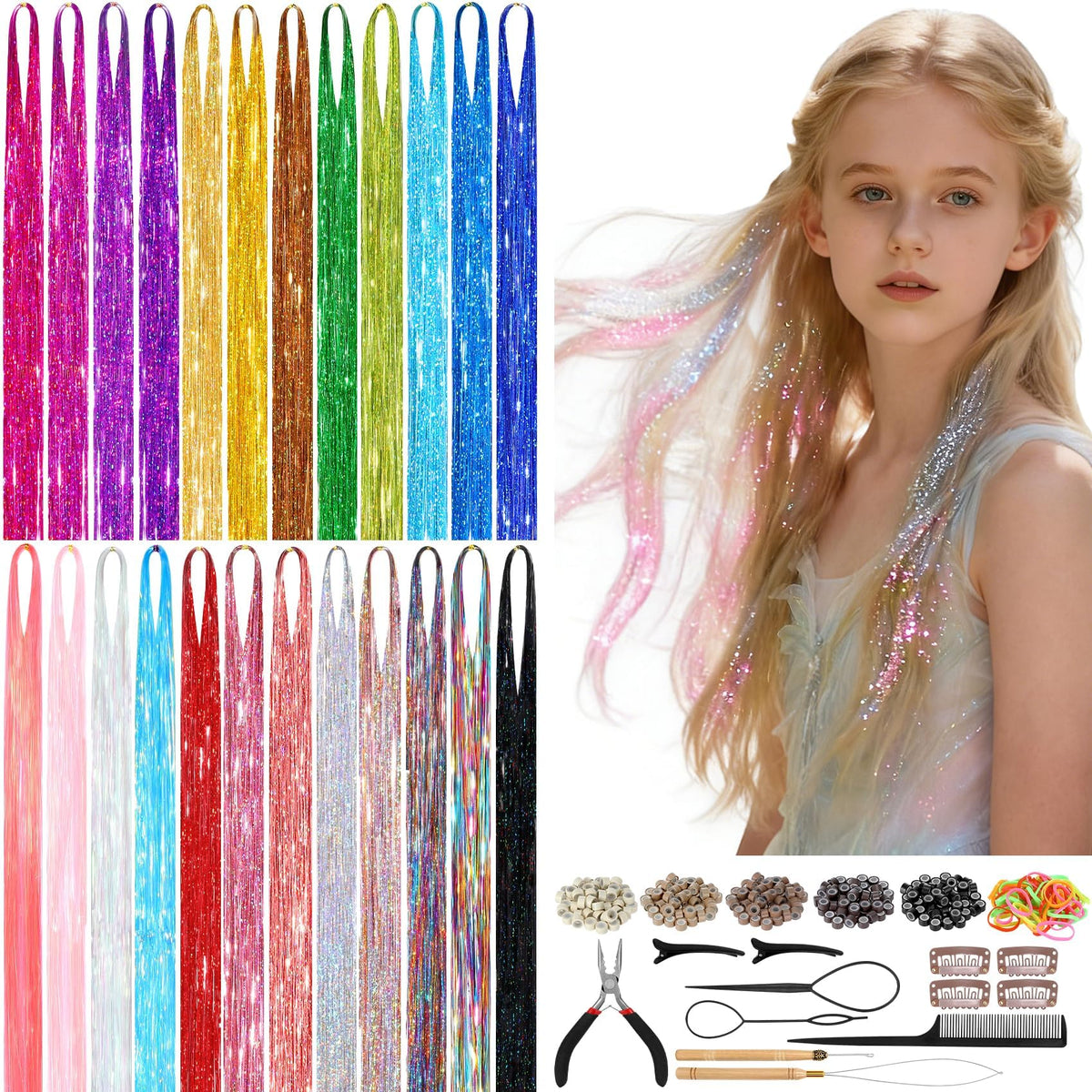 Revahope 8400 strands hair tinsel kit color palette for versatile daily looks.